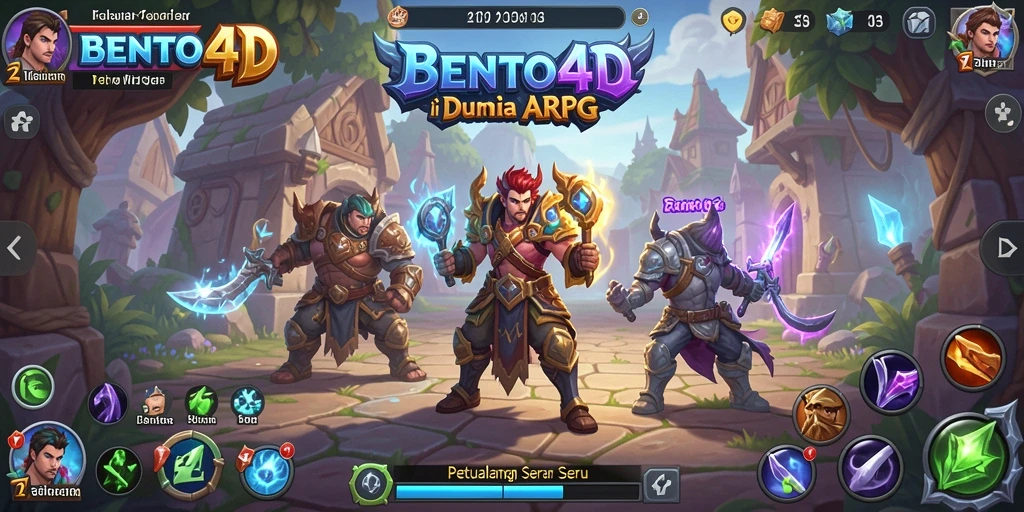 Skrin utama BENTO4D menampilkan pemain dalam aksi pertarungan ARPG yang intens.