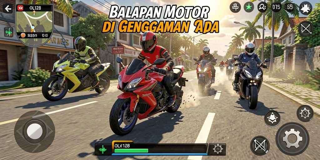 Screenshot gameplay OLX128 yang menampilkan aksi balapan motor yang cepat.