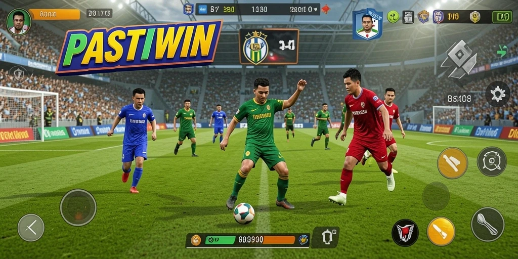 Screenshot utama PASTIWIN menampilkan gameplay sepak bola yang seru.