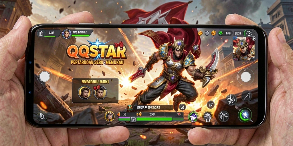 Screenshot utama QQSTAR menampilkan pertarungan spektakuler antara karakter dengan efek visual menarik.