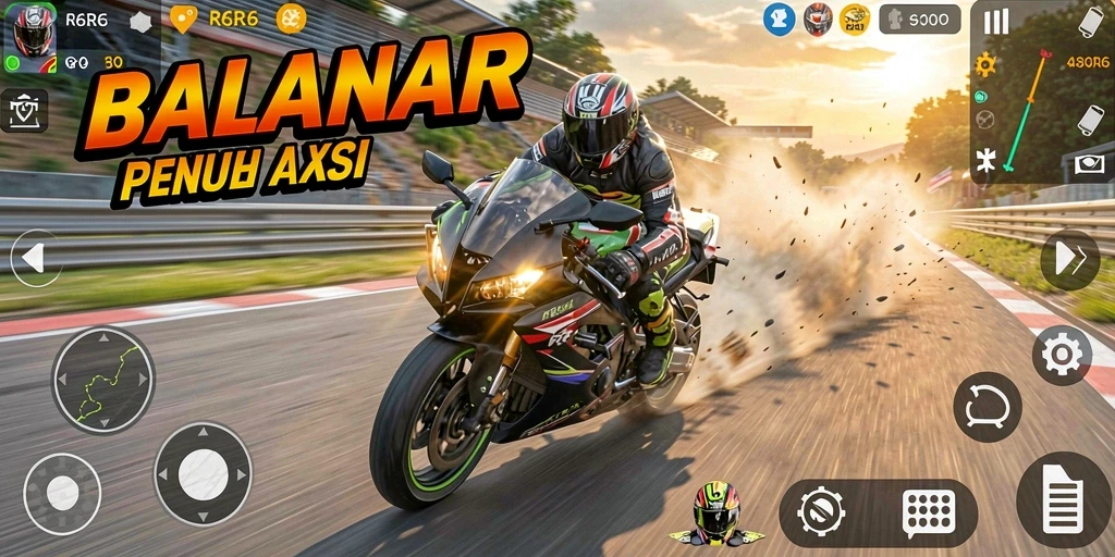 Screenshot R6R6 menampilkan aksi balapan motor mendebarkan.
