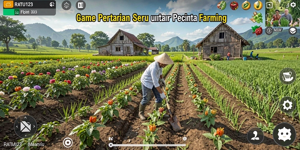 Screenshot gameplay RATU123 menampilkan suasana pertanian yang ceria dan interaktif.