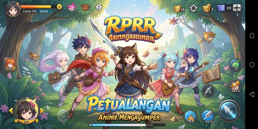 Screenshot utama RPRR menampilkan pertempuran seru dalam gaya anime.