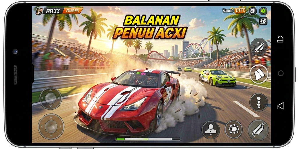 Screenshot gameplay RR33 yang menampilkan balapan seru dan mendebarkan.