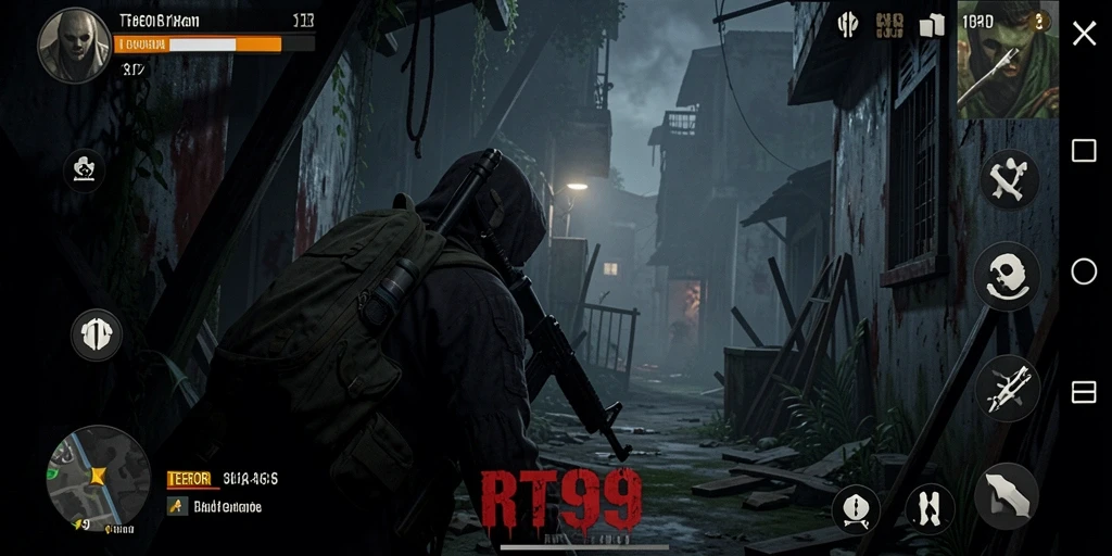 Screenshot gameplay RT99 yang menegangkan menunjukkan kegelapan yang mencekam.