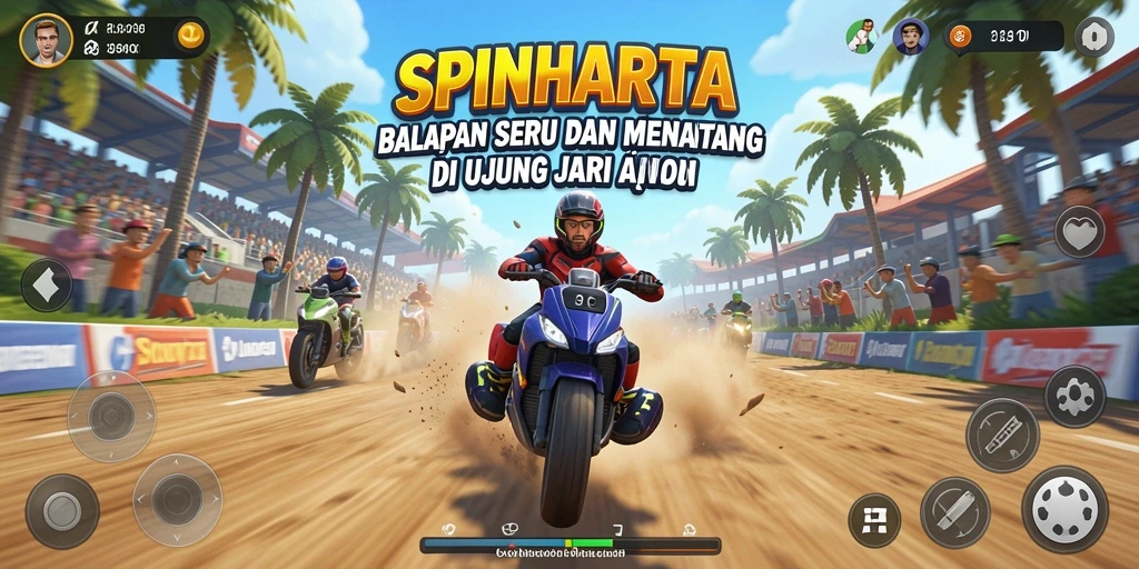 Gameplay balapan seru dalam SPINHARTA dengan mobil tercepat.